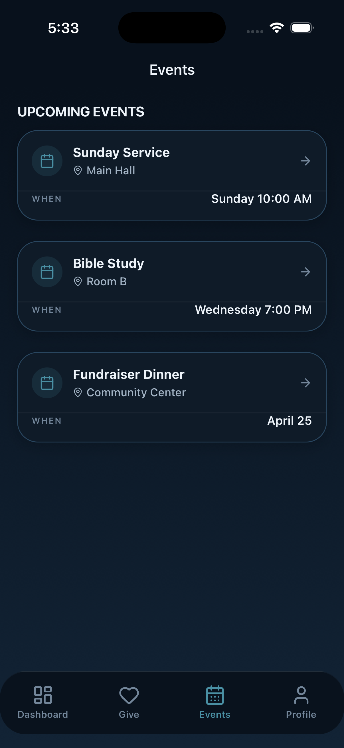 Event dark mode screen