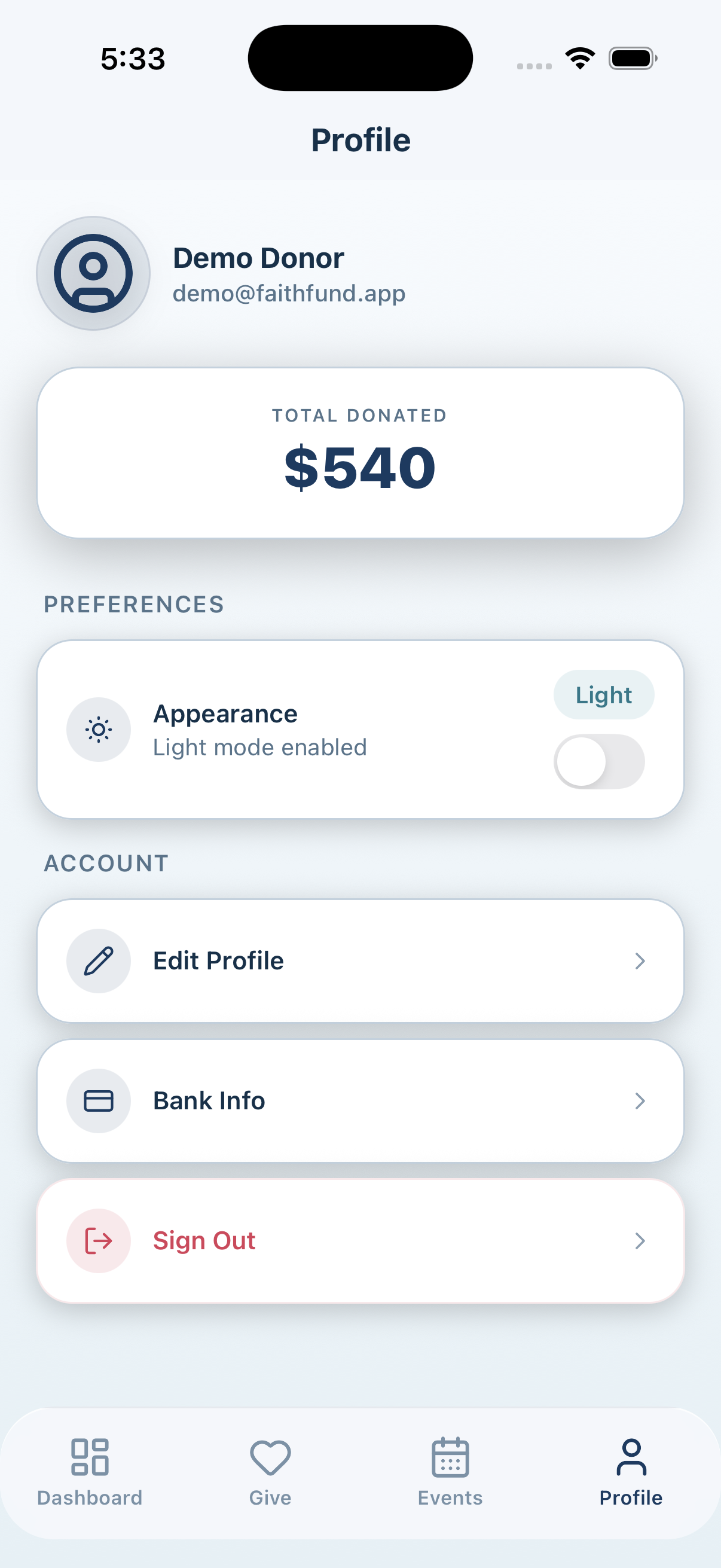 Profile light mode screen